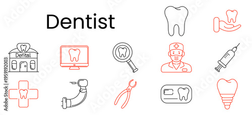 Dentist set icon. Clinic, tooth, monitor, magnifier, doctor, syringe, cross, drill, pliers, record card, implant, dentistry, oral care, treatment, hygiene