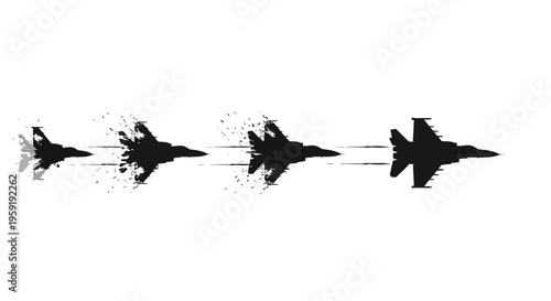 Military jets flying in formation with motion blur effect on white background conveying speed and power