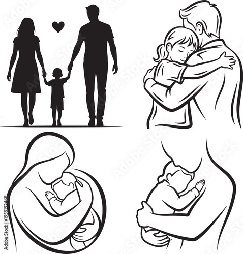 Mom and Dad with Kids – Heartwarming Family Bond Line Art