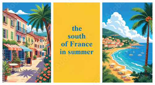 Colorful travel poster of the south of france in summer featuring coastal towns and beach landscapes