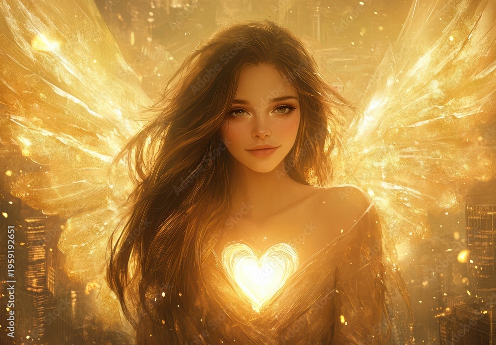 Naklejka premium An angel sits serenely on a cloud, bathed in morning light as a gentle breeze carries whispers of celestial grace.