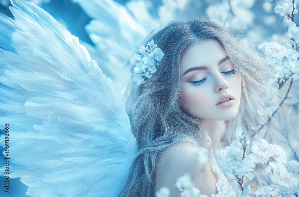 Naklejka premium An angel sits serenely on a cloud, bathed in morning light as a gentle breeze carries whispers of celestial grace.