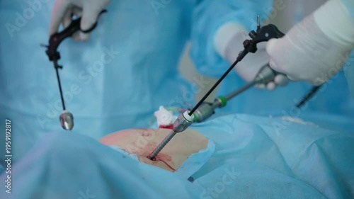 Closeup laparoscopic instruments inserting trocar into patient abdomen in operating room during minimally invasive surgery.