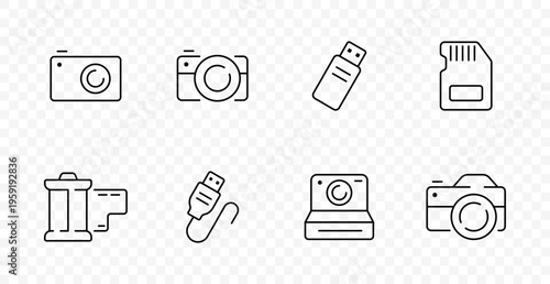 Photography storage set icon. Camera body, lens device, usb drive, memory card, film roll, cable, laptop camera, digital equipment