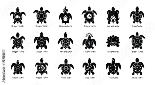 Collection of stylized turtle and emblems with various shell patterns and mystical symbols in black and white
