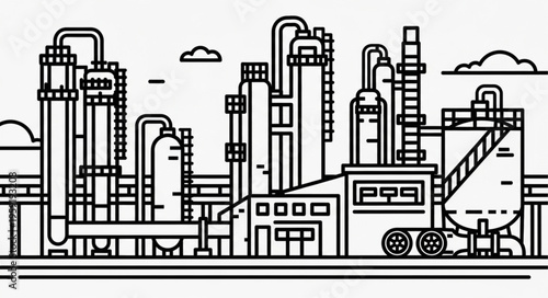 Detailed Line Art Illustration of an Industrial Plant and Refinery.