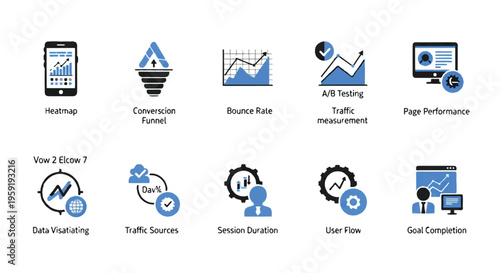 Digital marketing analytics set showing data visualization performance metrics conversion funnels and user behavior