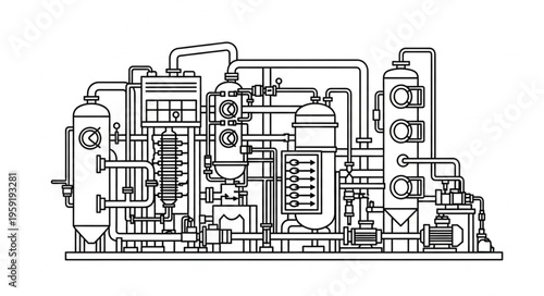 Detailed Line Art Illustration of an Industrial Processing Plant.