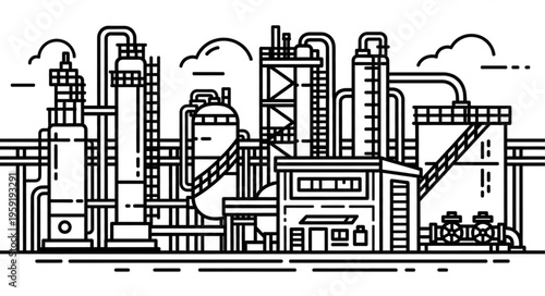 Detailed Line Art Illustration of an Industrial Plant with Complex Piping and Structures.