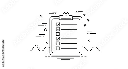 Minimalist checklist clipboard with checkmarks and lines on a white background for task management and productivity apps