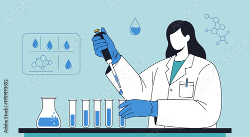 Scientist conducting experiment with pipette and test tubes in laboratory, science research concept
