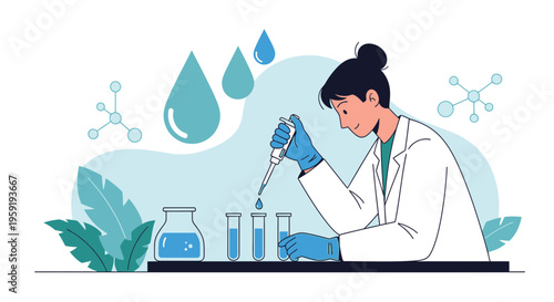 Scientist conducting experiment with pipette and test tubes, science research, laboratory, blue liquid, water drops