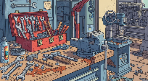 Detailed Illustration of a Workshop Scene with Tools and Equipment.