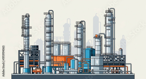 Detailed Illustration of an Industrial Oil Refinery Complex with Tall Towers.