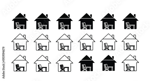 Set of house with office chair and desk inside representing remote work and home office concepts in black and white