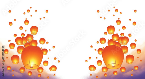 Many glowing orange paper lanterns floating in the night sky creating a festive and magical atmosphere for celebrations