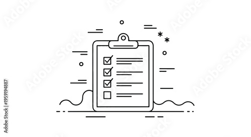 Minimalist line clipboard with checklist and completed tasks for business organization and project management