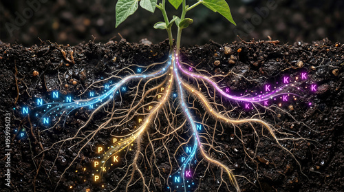 Plant roots absorbing nutrients from soil with glowing particles representing nitrogen, phosphorus, and potassium