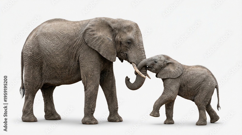 Fototapeta premium Baby Elephant Playing with Mother Elephant on White Background with Soft Shadows, Ultra Realistic 8K