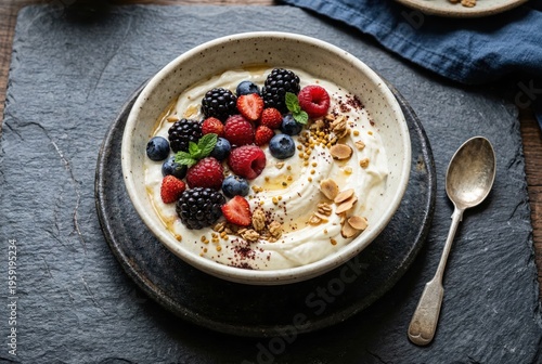 Creamy yogurt bowl topped with fresh berries granola and honey displayed on a slate surface exuding a rustic charm and inviting healthy indulgence