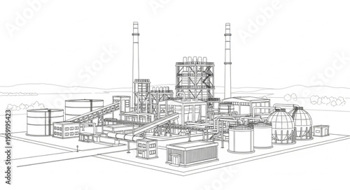 Detailed Line Art Depiction of an Industrial Complex.