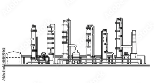 Detailed Line Art Depiction of an Industrial Oil Refinery Complex.
