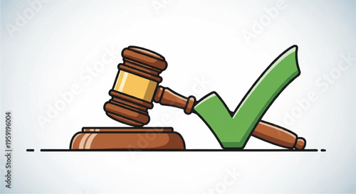 Judge gavel with green checkmark on sound block approval concept in courtroom setting with brown wooden mallet