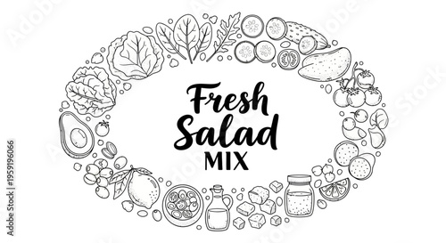 Fresh salad mix ingredients circle illustration with vegetables fruits and dressing