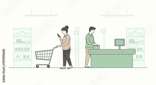 Customer with shopping cart at supermarket checkout, cashier at counter, safe shopping concept