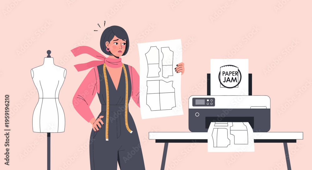 Fototapeta premium Fashion designer frustrated with printer paper jam while printing sewing patterns