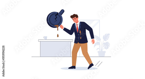 Frustrated businessman spills coffee on his suit, office mishap, bad morning concept