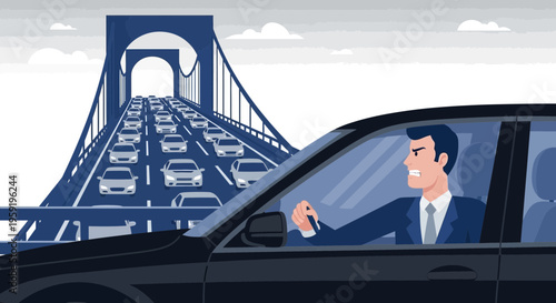 Frustrated businessman stuck in traffic jam on a bridge, stressed commute