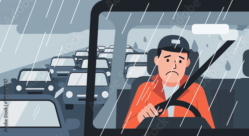 Frustrated driver stuck in heavy traffic jam during heavy rain