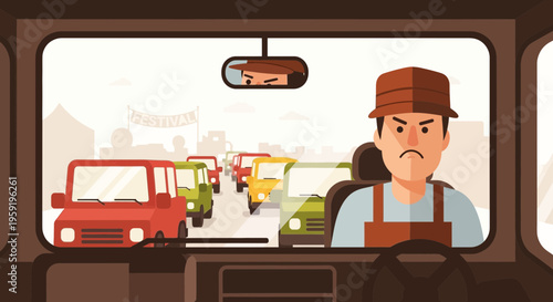 Frustrated driver stuck in traffic jam heading to festival