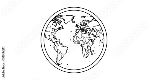 Detailed Line Art Globe Depicting Continents and Oceans.