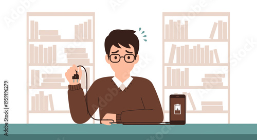 Frustrated man holding unplugged charger, phone battery low, no power