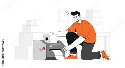 Frustrated man struggling with printer malfunction, paper jam, office work stress