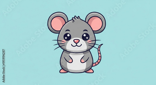 Cute cartoon mouse standing on hind legs smiling and looking forward on a light blue background with big ears and tail