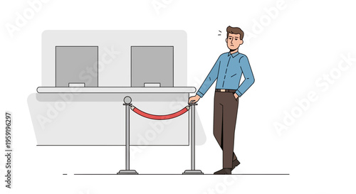 Frustrated man waiting in line at a bank or service counter, feeling impatient