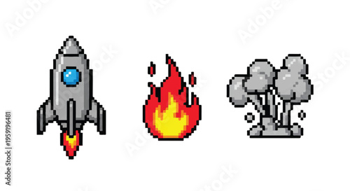 Pixel style rocket ship fire and explosion set isolated on a white background for retro gaming assets
