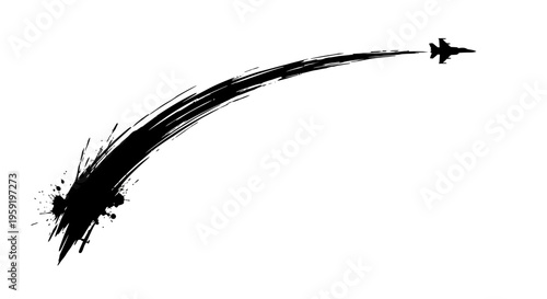 Black jet flying in a dynamic brush stroke motion on a white background symbolizing speed and power