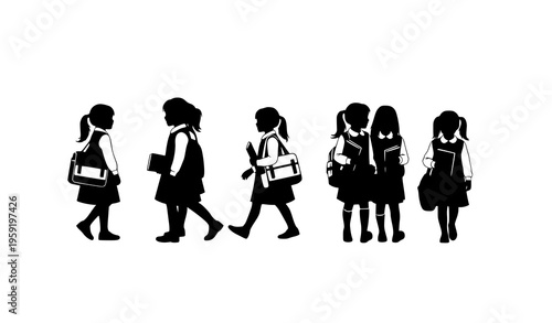 Schoolgirls in schoolyard silhouette vector illustration black and white education kids scene