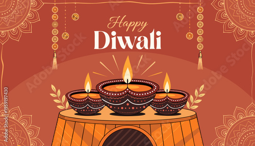 Happy Diwali Greeting Banner with Traditional Oil Lamps and Golden Mandalas.eps