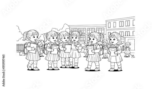 Baby girls school scene vector illustration playing and learning in schoolyard black and white