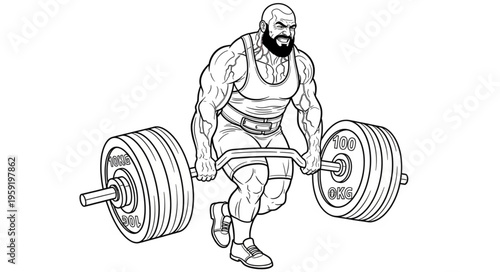 Detailed Line Art of a Bearded Weightlifter Performing a Deadlift.