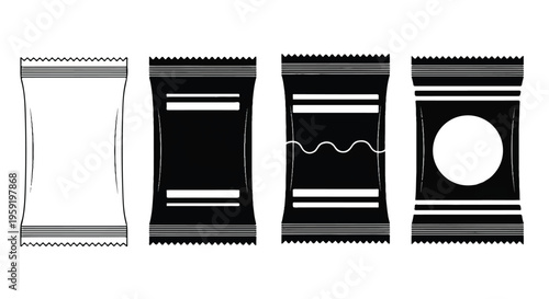Four black and white food packaging wrapper silhouettes showing different styles of snack bags for product