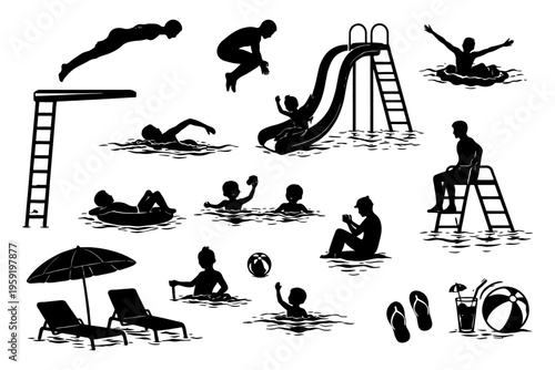 Silhouettes of people enjoying various beach and pool activities.