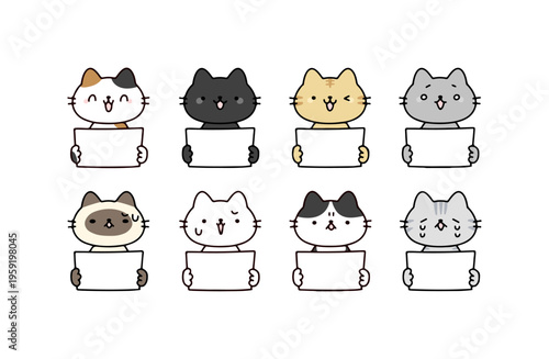 さまざまな種類のネコのキャラクターがボードを持ってるイラストセット