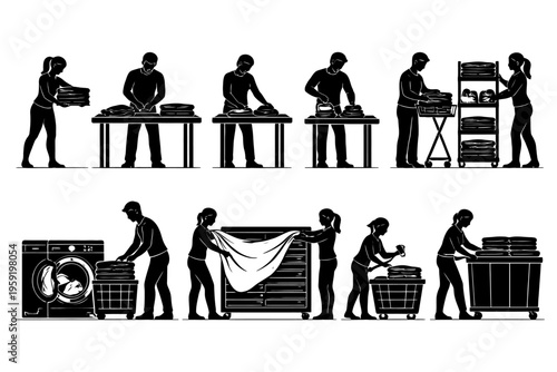 Silhouette of people performing laundry tasks in sequence.