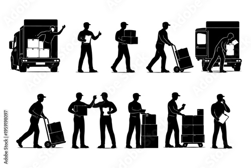 Silhouette of delivery workers unloading and handling packages in various poses and actions.